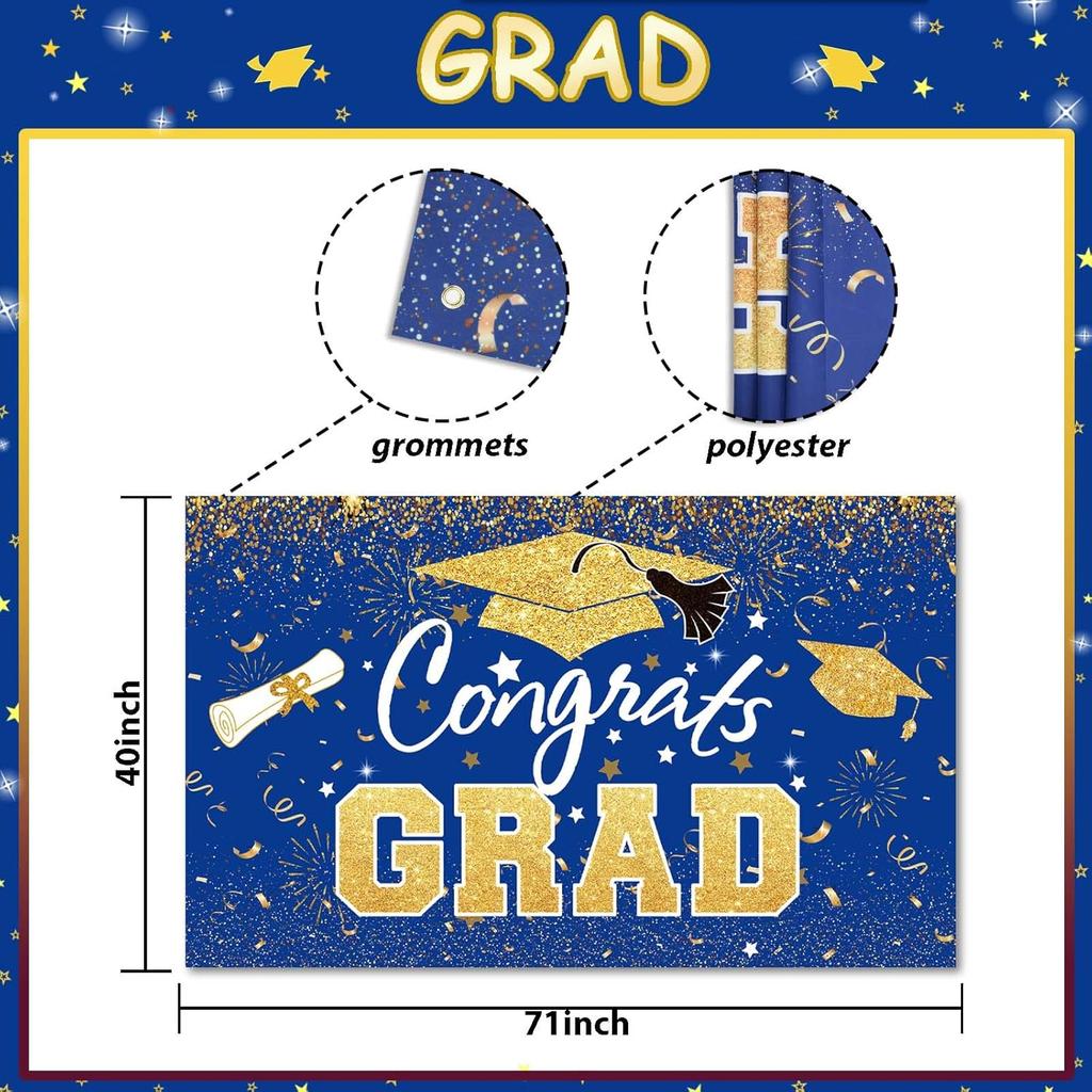 Graduation Party Decorations - Blue Gold Congrats Grad Class of 2025 Backdrop Banner Large Sign Wall Decorations Photography Background Party