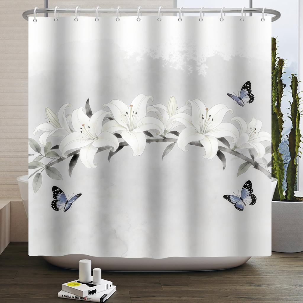 Fashion Modern Plant Shower Curtain Colorful Butterfly Flowers Shower Curtains Bathroom Decor Waterproof With 12 Hooks Curtains