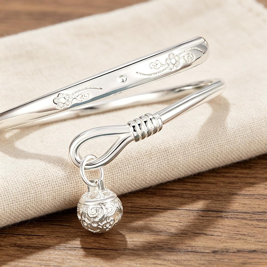 White Copper Plated with Thick Silver, Chinese Style Double Bell Open Anklet for Women New Chinese-style Vintage Carved Pattern Bell Anklet for Women