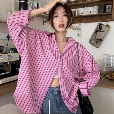 Jaqueta Camisa Listrada Rosa Feminina Nova Camisa Irregular Protetor Solar Solta Manga Comprida Top Casual