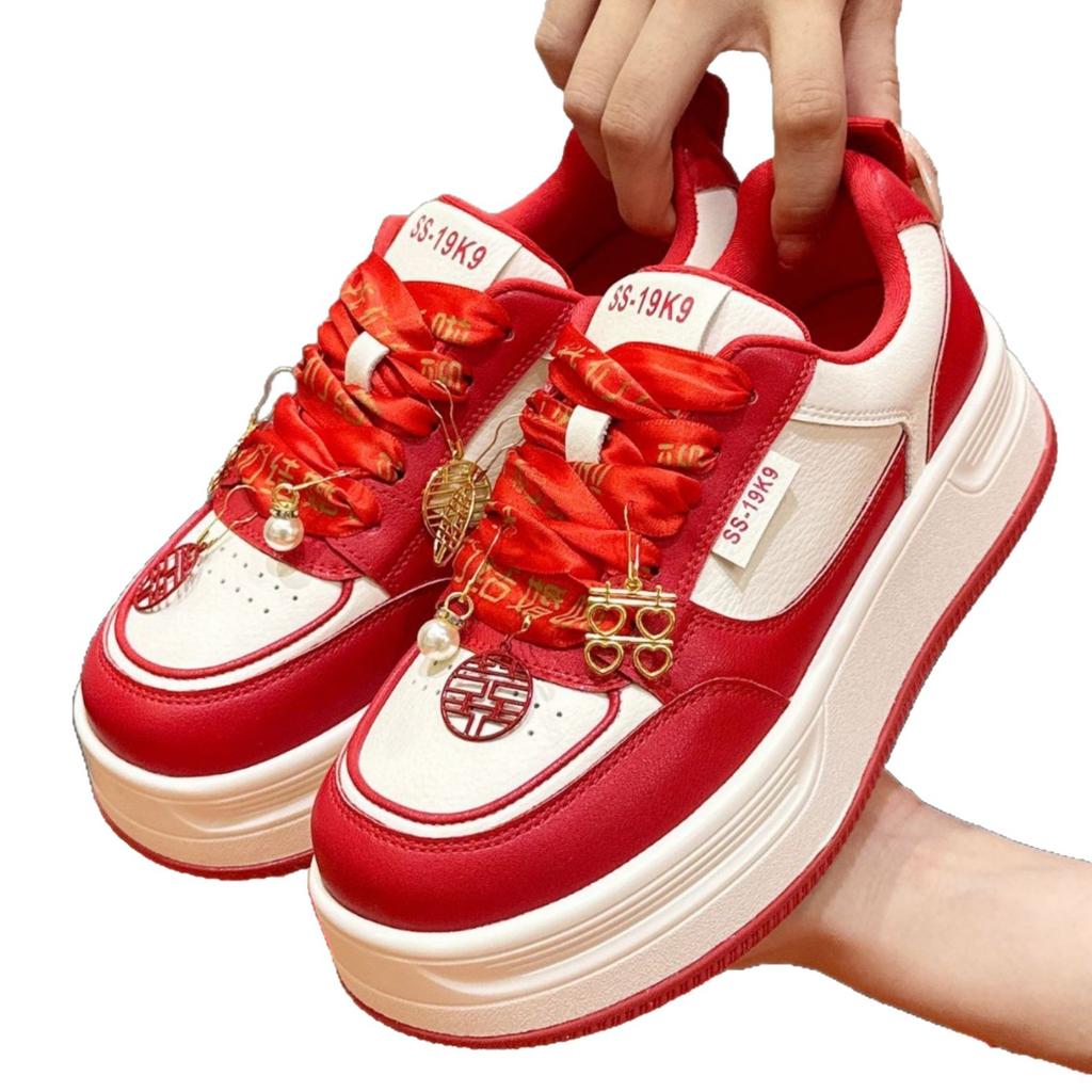 Gift red Xiuhe wedding shoes 2025 new bride platform inner height increase non-slip leather casual bridesmaid high heels