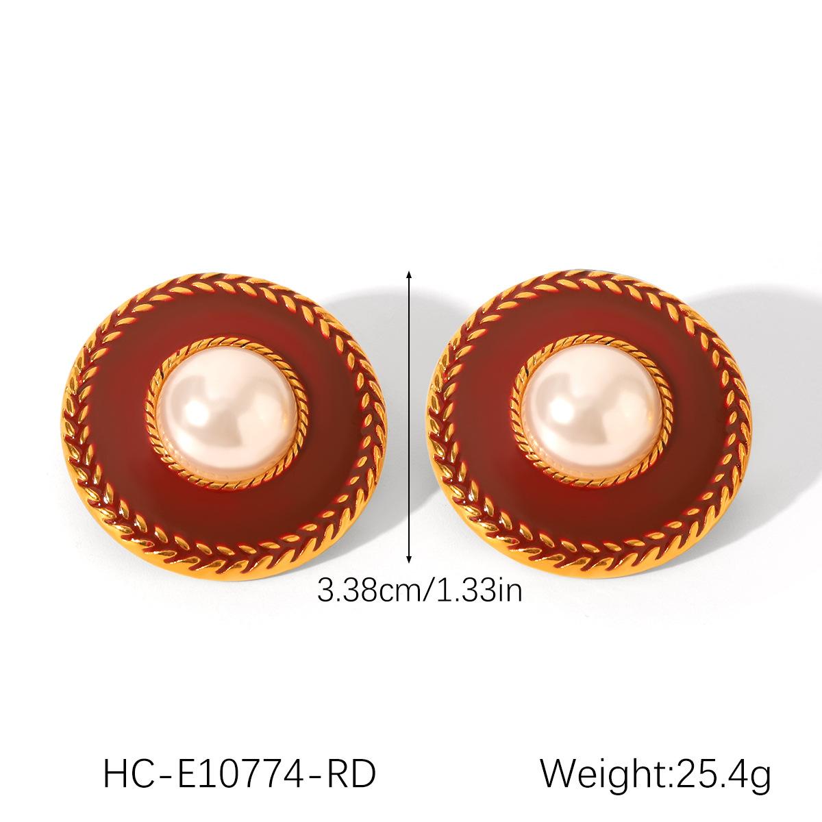 French court style stainless steel oil-drop earrings with pearl studs, retro elegant ear jewelry design красный