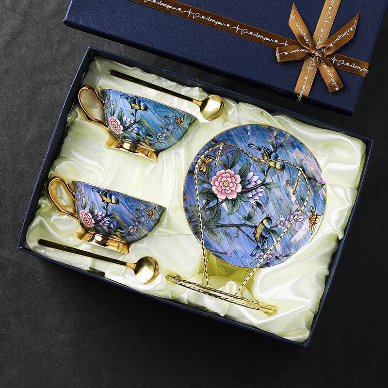 

Blue Bird Ceramic European Coffee Cup and Saucer Set 2 Cups 2 Saucers 2 Spoons 1 Rack Gift Set