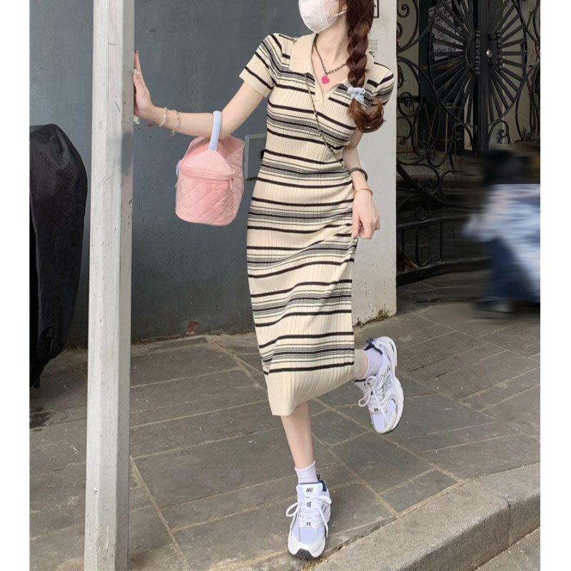 Women's Striped Polo Collar V-Neck Mid-Length Slim Fit Dress – Summer 2026 Collection