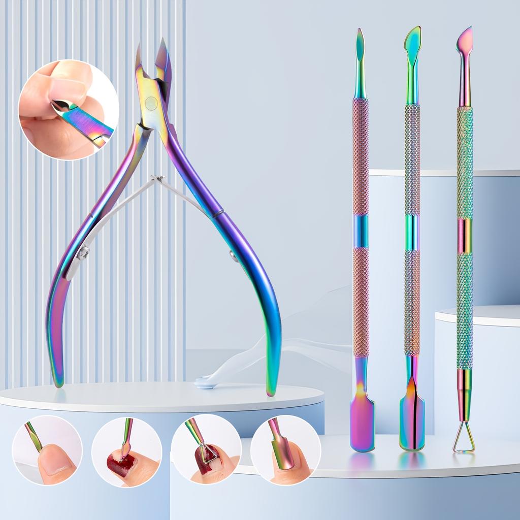 4pcs Nail Dead Skin Clipper Cuticle Pusher Set Colorful Stainless Steel Manicure Cuticle Nipper Dead Skin Nail Gel Manicure Pedicure Tools