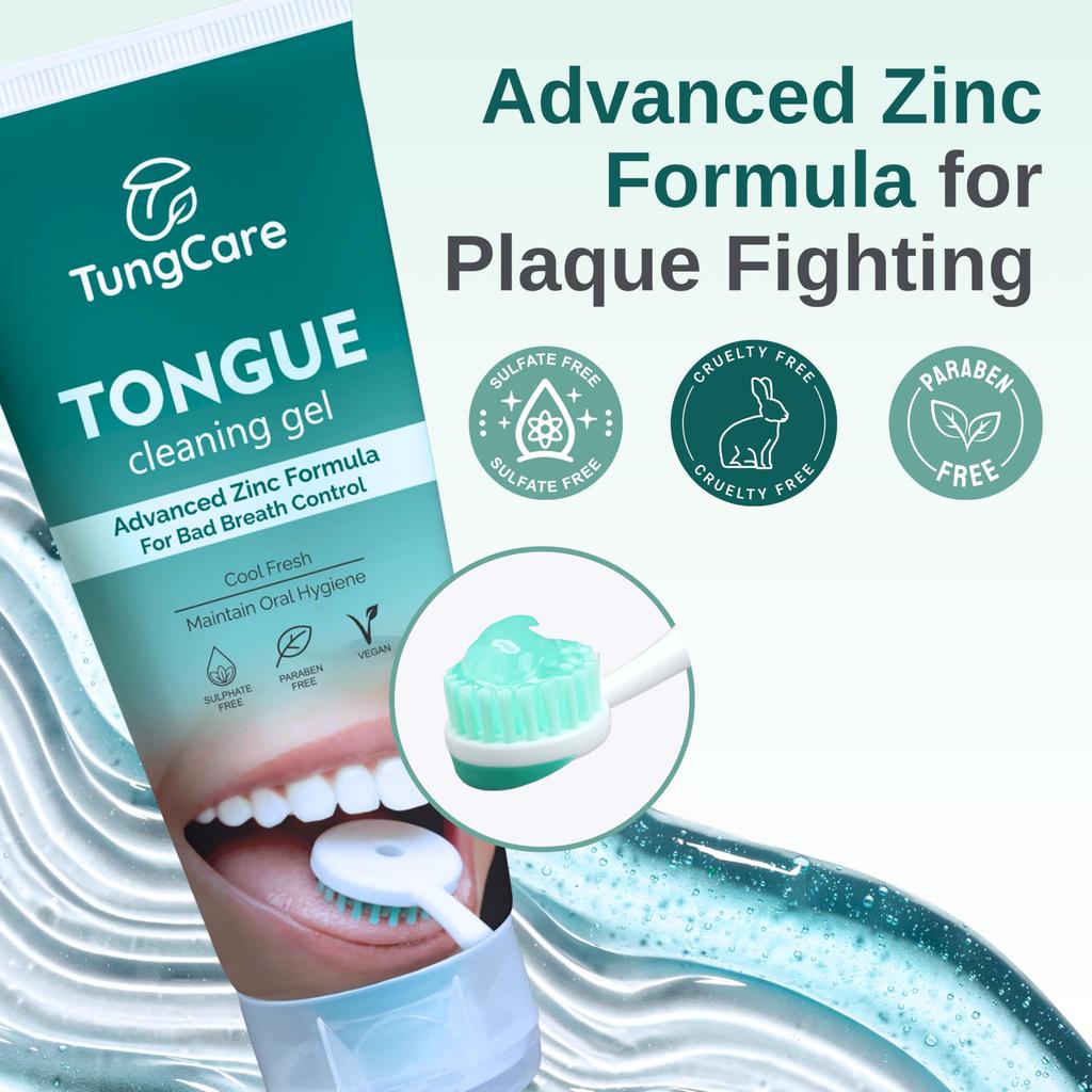 TungCare Tongue Cleaning Gel + Brush Combo for Bad Breath Control | With Zinc | Removes Tongue Residue | Fresh Breath | Maintain Oral Hygine | Co