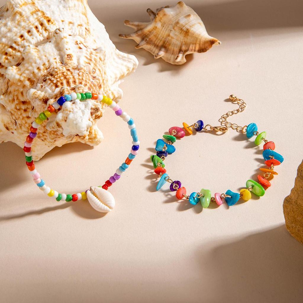 2 SZT. Boho Fashion Kolor Muszli Koraliki Bransoletka na Kostkę Zestaw Biżuteria dla Kobiet Wakacje na Plaży Dopaminowy Łańcuszek na Kostkę Ręcznie Robiona Biżuteria