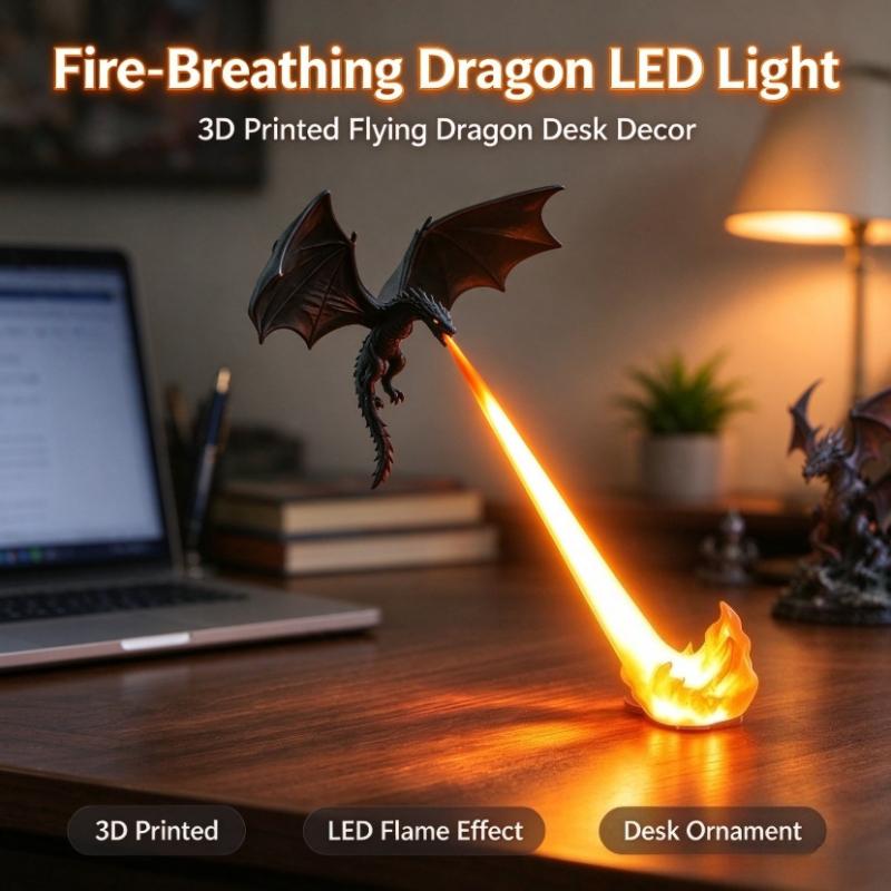 3D Printed Fire‑Breathing Dragon LED Light, Flying Dragon Desktop Decor Lamp, Ornament for Bedroom Study Room, Halloween Holiday Gift for Kids
