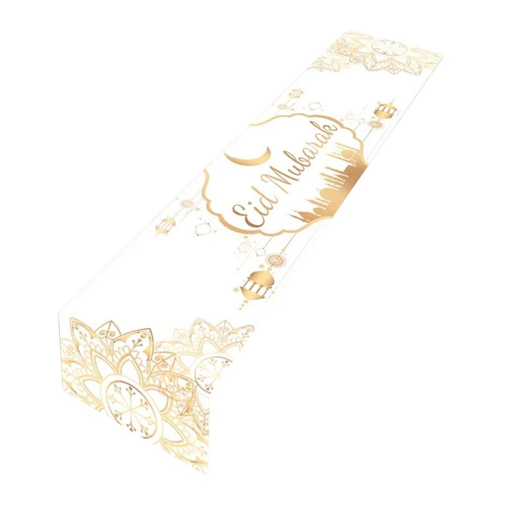 Eid Mubarak Table Runner Islamic Muslim Star Moon Polyester Table Cloth for Home Dining Room Celebration Festival Kitchen