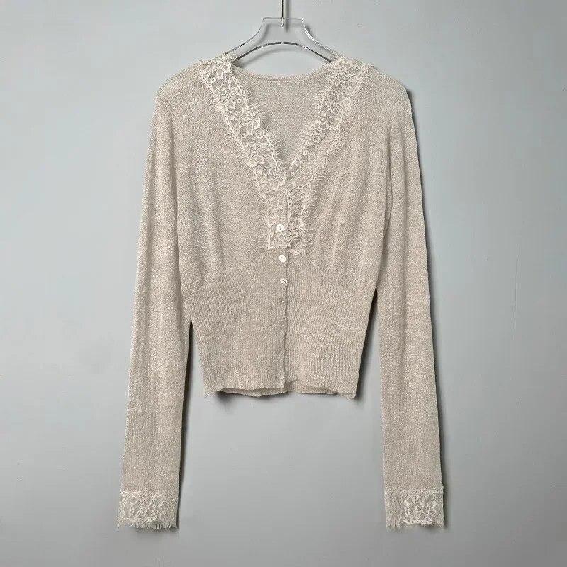 

Сплошной цвет, вязаные топы с длинными рукавами, женский шерстяной свитер, корейские сексуальные кружевные кардиганы с v-образным вырезом и пуговицами, осенняя облегающая одежда 29888 One Size орион