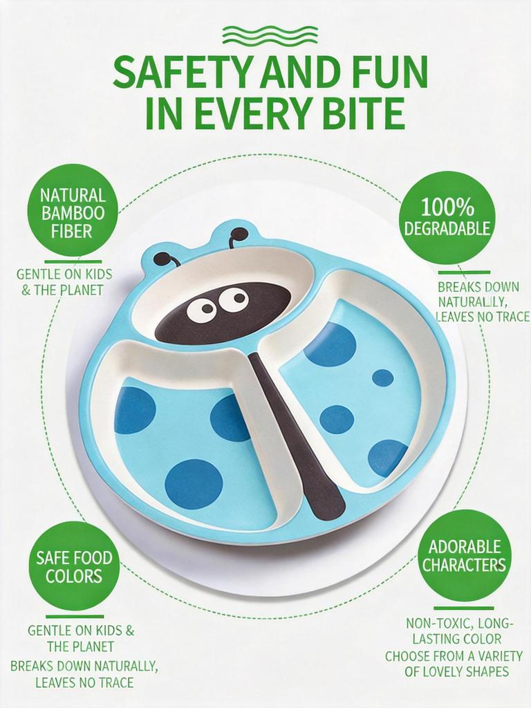 5-Piece Bamboo Fiber Children's Tableware Set: Cow & Ladybug Design with Plate, Bowl, Fork, and Spoon.