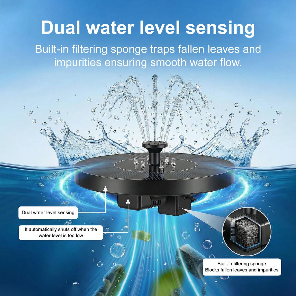 Solar-Springbrunnenpumpe mit farbiger LED-Leuchte für Vogelbad im Freien, schwimmende, solarbetriebene Wasserpumpen-Brunnen für Gartenteich