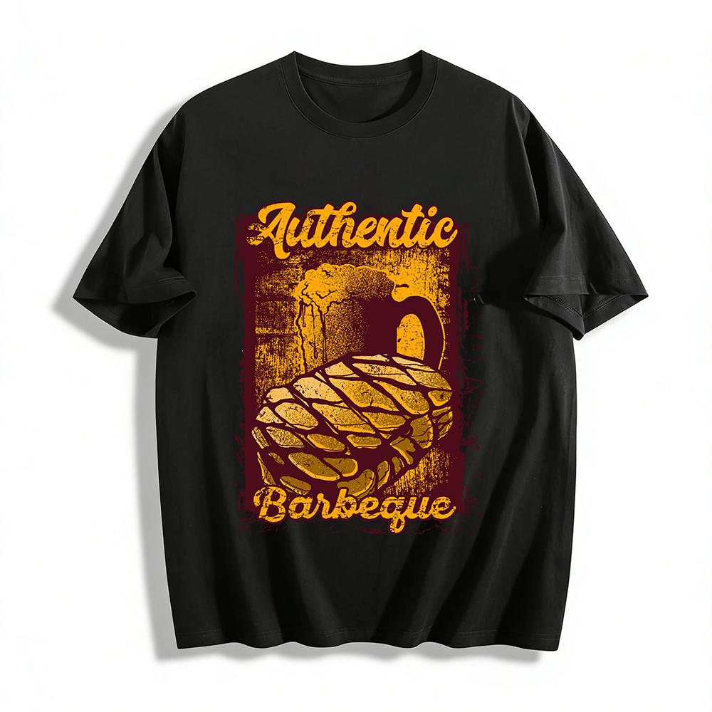 Authentic Barbeque Beer Print Vintage Casual Short Sleeve T-Shirt Pure cotton T-shirt XXS