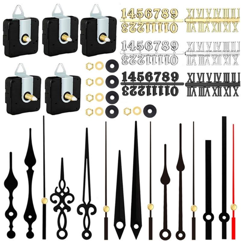 5-teiliges Kit mit leisem Quarzuhrwerk, Uhrwerkmechanismus mit Zeigern und Ziffern, batteriebetrieben für die DIY-Reparatur von Wanduhren