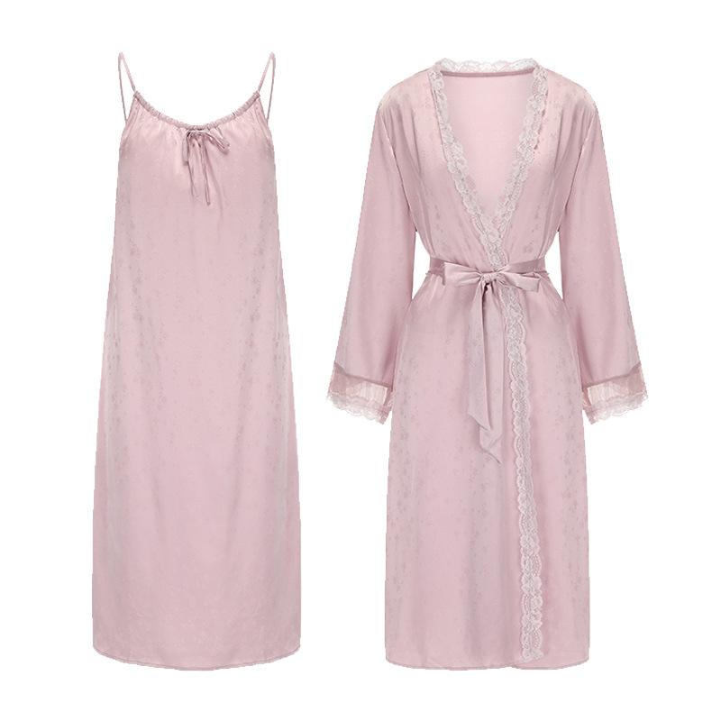 Women's Silky Jacquard Deep V Padded Cami Sleep Dress with Robe Lounge Set