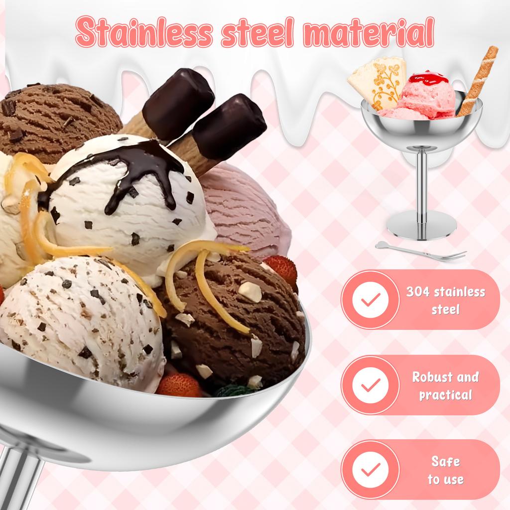 2Pcs 304 Stainless Steel Dessert Cup Ice Cream Cups Salad Goblet Retro High Base Bowl For Fruit Yogurt Snack Dish Bar Dinnerware