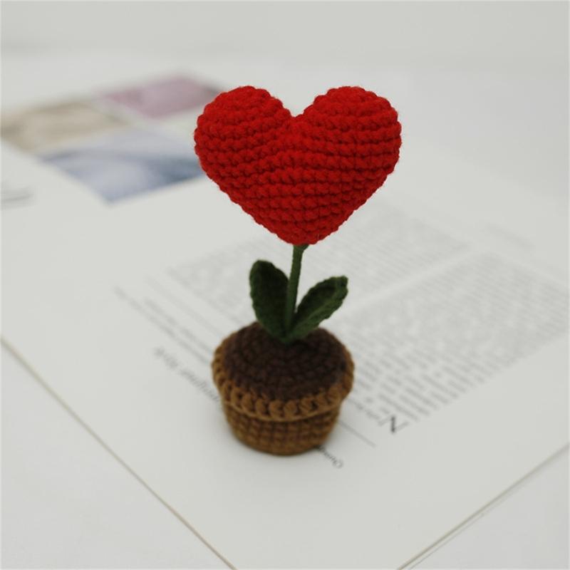 Crochet Heart Shape Flower In Pots Knitted Wool Mini Flower Potted Plant Romantics Ornament for Valentines Day Gift