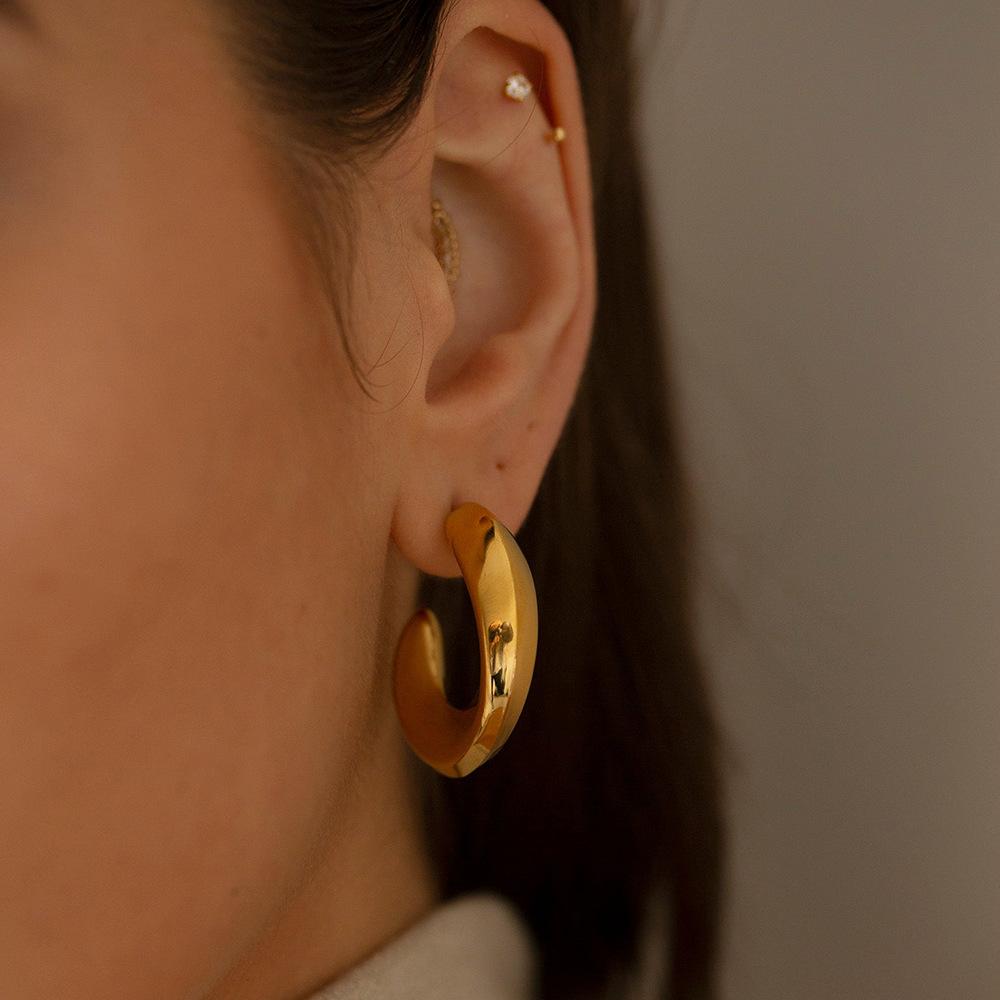18K Gold Stainless Steel C Earrings Simple Meniscus Geometric Stud Earrings Stylish Twist Curved Ear Jewelry