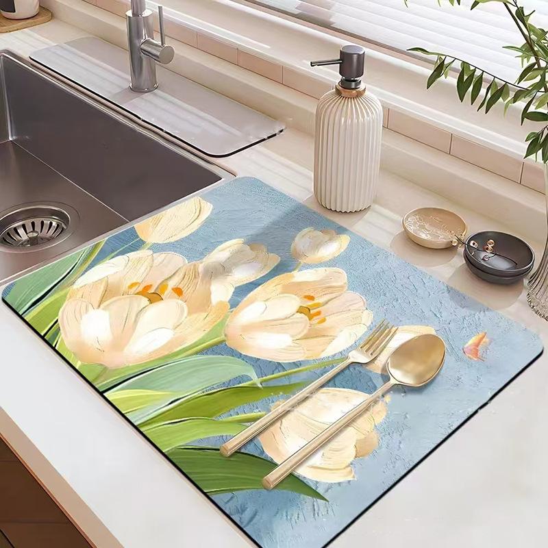 Natural Diatomite Dish Drying Mat with Fast Absorption, Heat Resistant & Non-Slip Pad for Sink Countertop - 30x40cm To 50x80cm Floral Design
