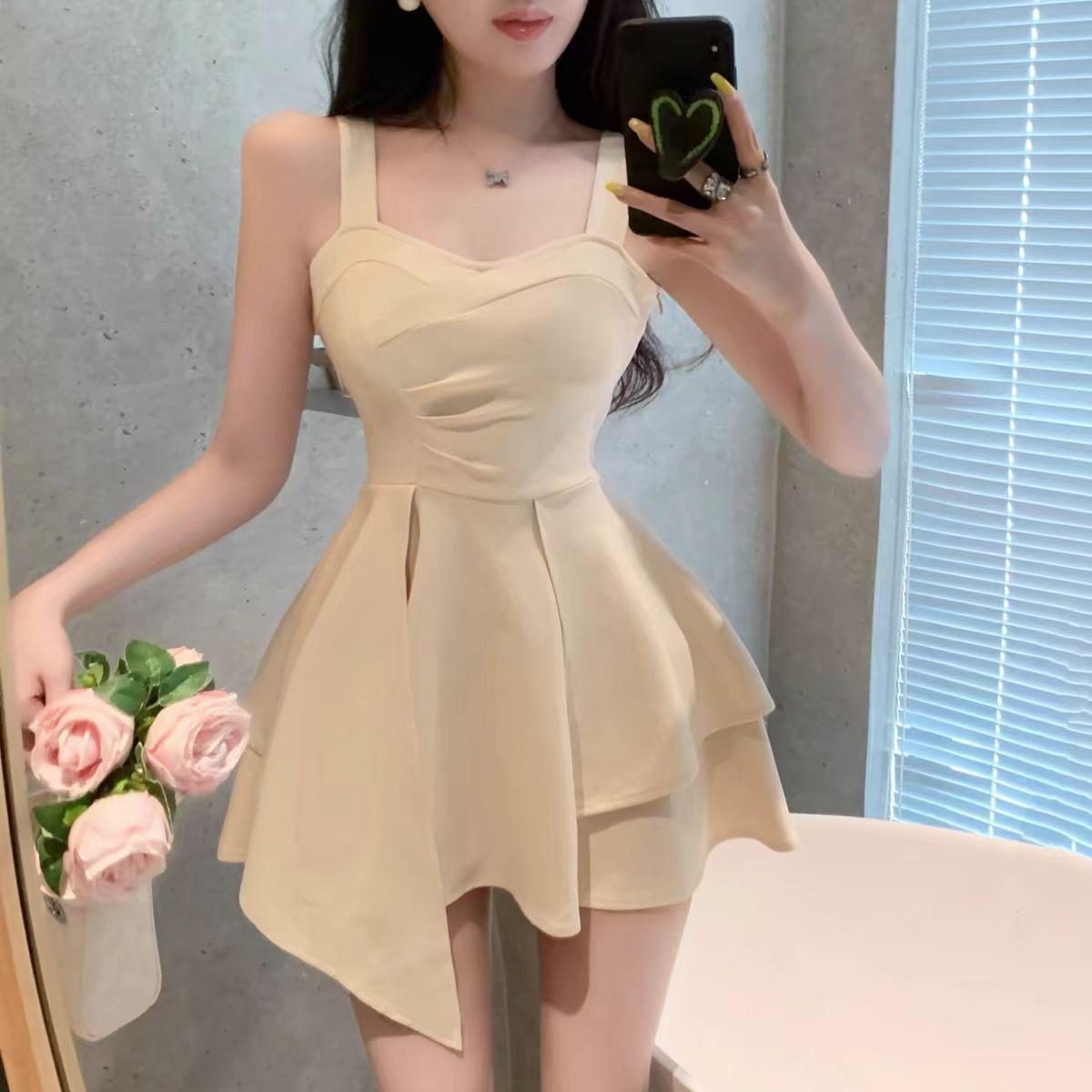 

French sweet and spicy foreign style sexy backless suspender dress women s summer pure desire wind irregular waist and thin skirt 2XL абрикосовий