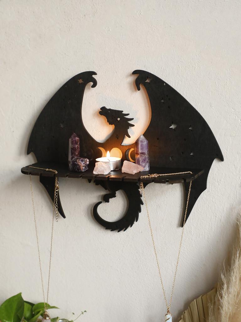 Gothic Black Dragon Wooden Floating Wall Shelf Crystal Shelf Moon Phase Candle Holder Wall Rack Aesthetic Witchy Room Decoration