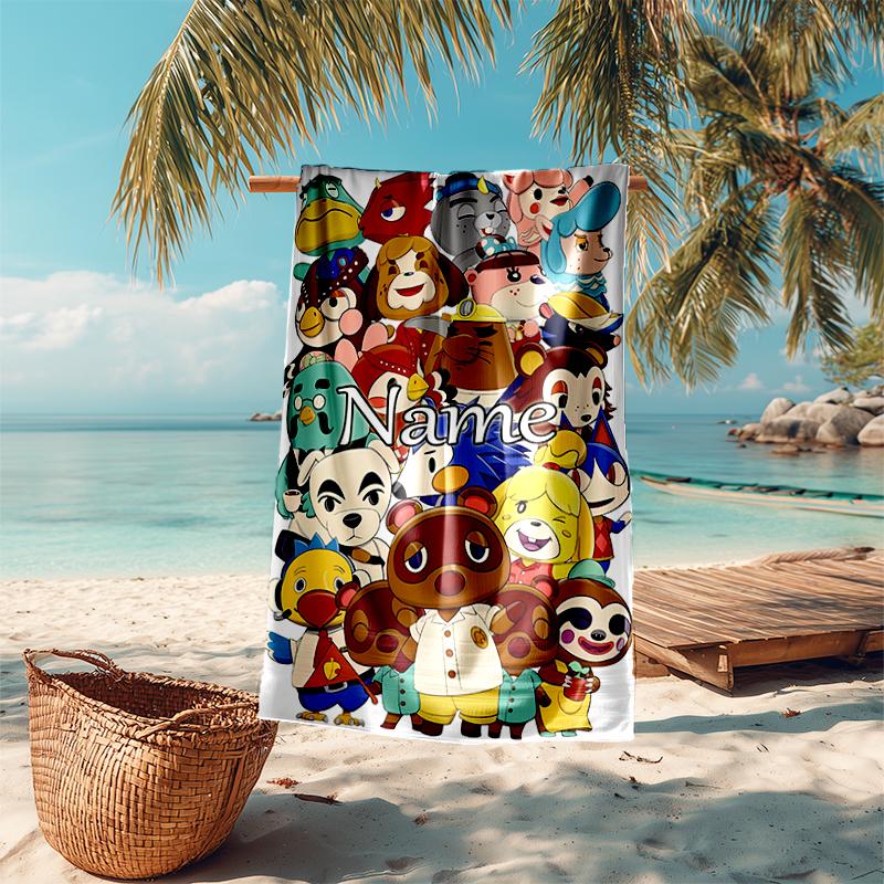 Personalized customized proof beach towel with Animal Crossing pattern - soft, absorbent, quick-drying, perfect swimming, camping&bathing