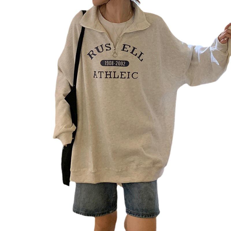 2023 Autumn Winter Velvet Lapel Hoodie: Mid-Length Student Hong Kong Style, Chic Printed Long Sleeve.