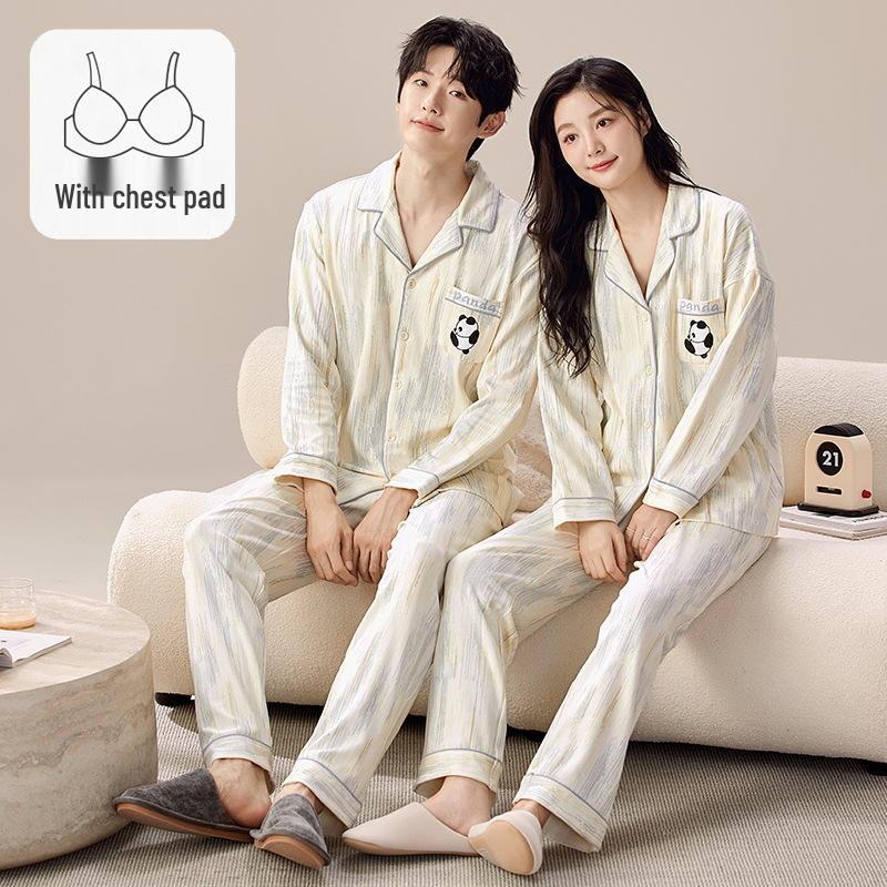 

Plus Size Korean Style Cotton Couple Pajamas - Lapel Cardigan Long Sleeve with Chest Pads for Women & Men, Autumn Winter Homewear Set Women L [95-110 lbs]