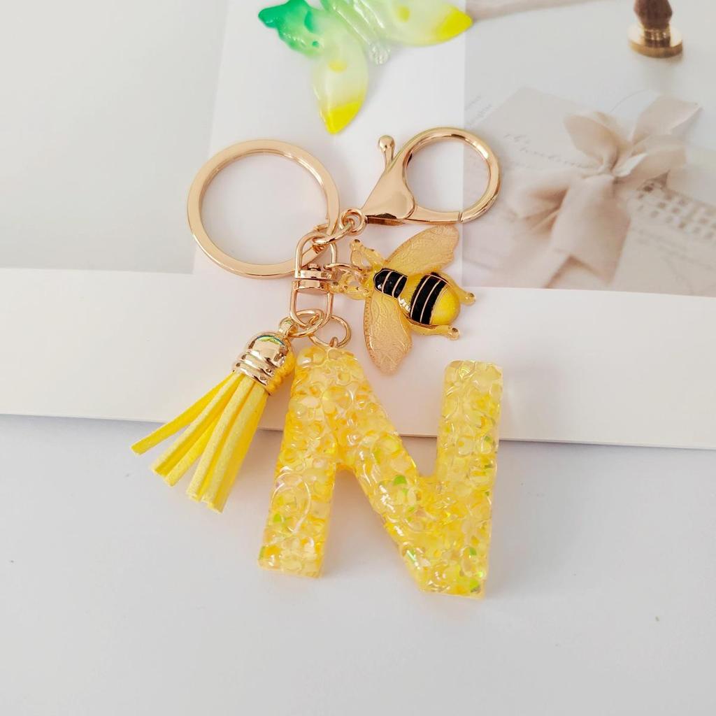 Yellow Bee Resin Glitter Letter Keychain Pendant Ornament