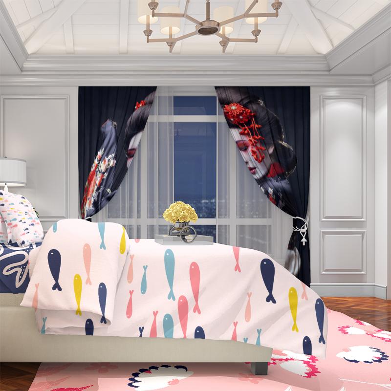 2Pcs- Women in Kimono - printed curtains, polyester material, bedroom curtains, living room decor, home decor