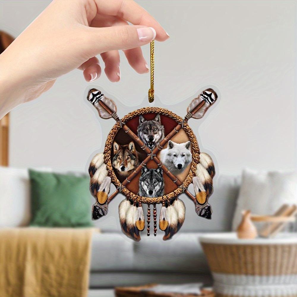 Native American 4-Wolven Auto Ornament. 2D platte achteruitkijkspiegel decoratief accessoire.