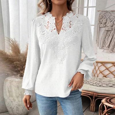 Kadın Kısa V Yaka Yarım Açık Yaka Dantel Dikişli Uzun Kollu Gömlek Düz Renk Bol Kesim Kazak Üstler Günlük Giyim