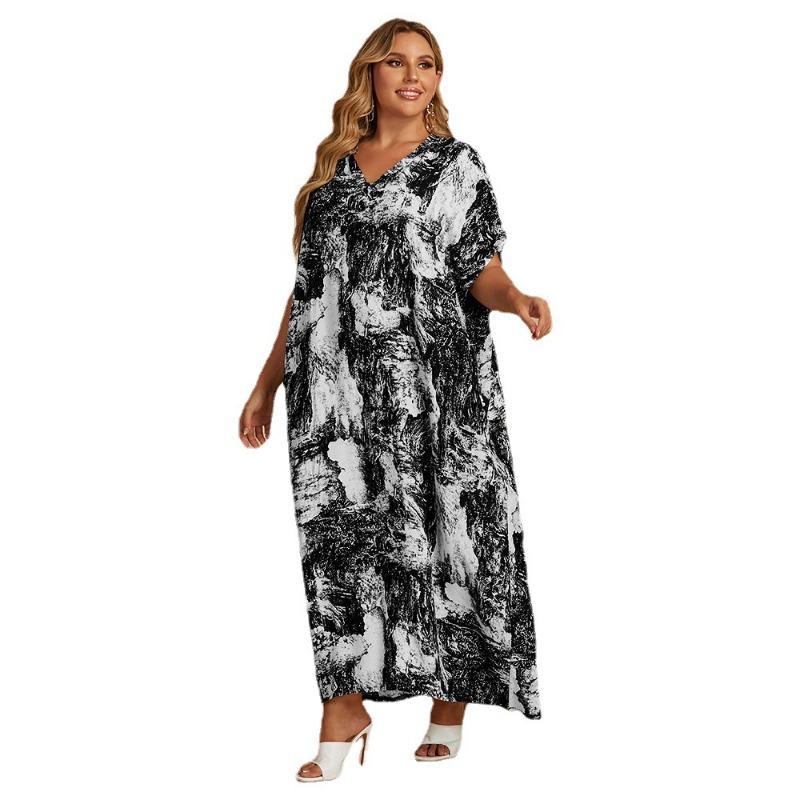 

Летние повседневные платья с v-образным вырезом для женщин. Женские платья с короткими рукавами. Платья больших размеров с высокой талией. Свободное платье. Модные платья для пригородов. one size чёрный