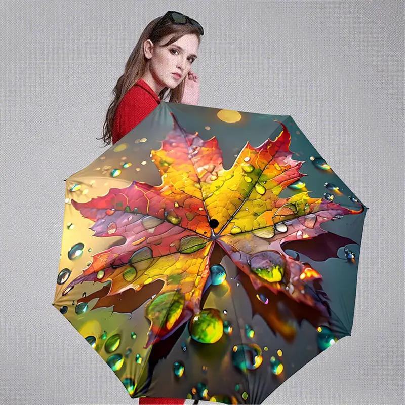 Colorful Maple Leaf Design Automatic Folding Umbrella, Portable & Foldable, 8 Sturdy Frame Ribs, Vivid Autumn Leaf Pattern, fo