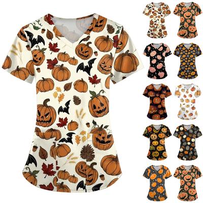 Damen Kurzarm Halloween Bedrucktes V-Ausschnitt Taschen Uniformoberteil