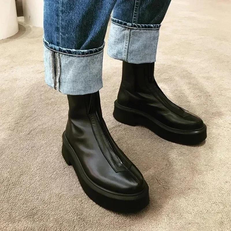 Female 2025 Autumn/Winter Front Zipper Leather Thick Sole Ankle Boots British Style Thick Heel Fashion Plush Women's Short Boot