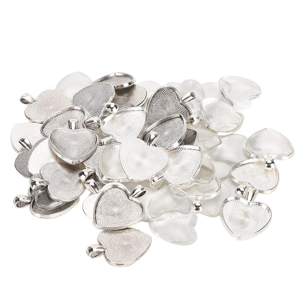 60pcs Pendant Trays Heart Shaped Pendant Setting Cabochon Base Setting with Glass Cabochon