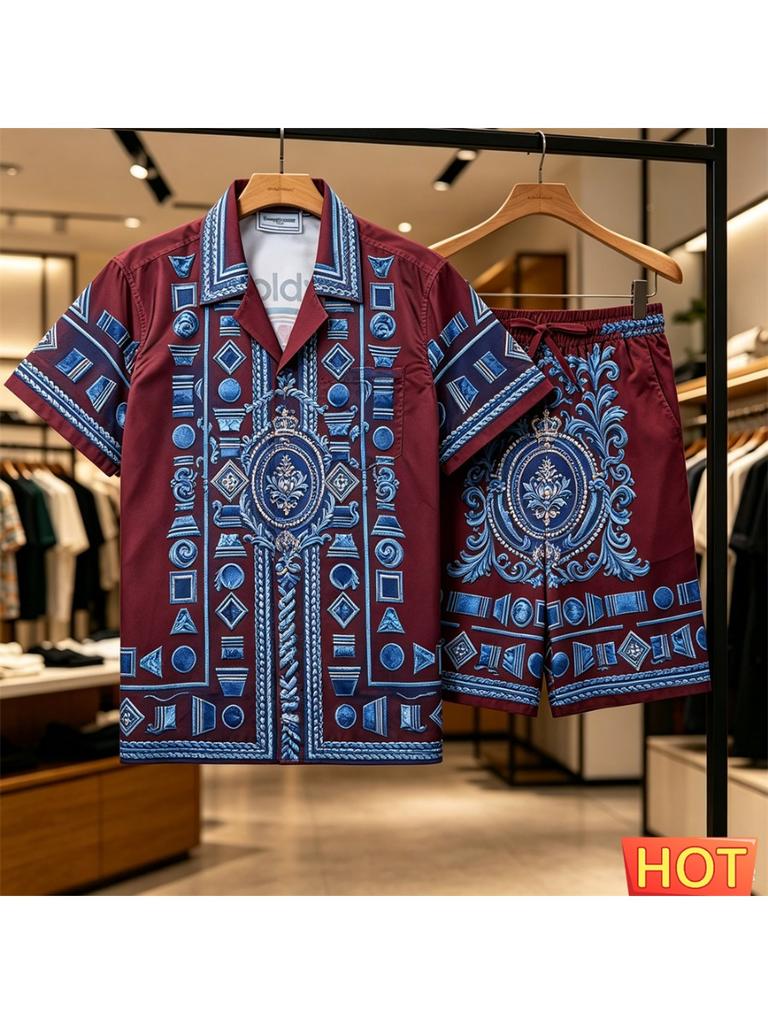 Sommer Retro Herren Hawaiianischer Urlaubshemd-Set Atmungsaktives Herren Freizeit Zweiteiliges Set