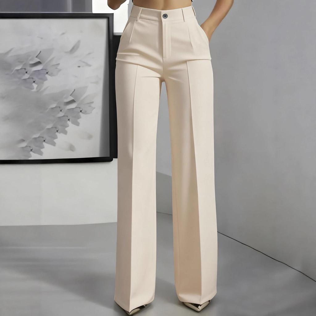 Women's High Waist Dress Pants - Flowy Straight Leg Trousers, Minimalist Office Tailored Pants
