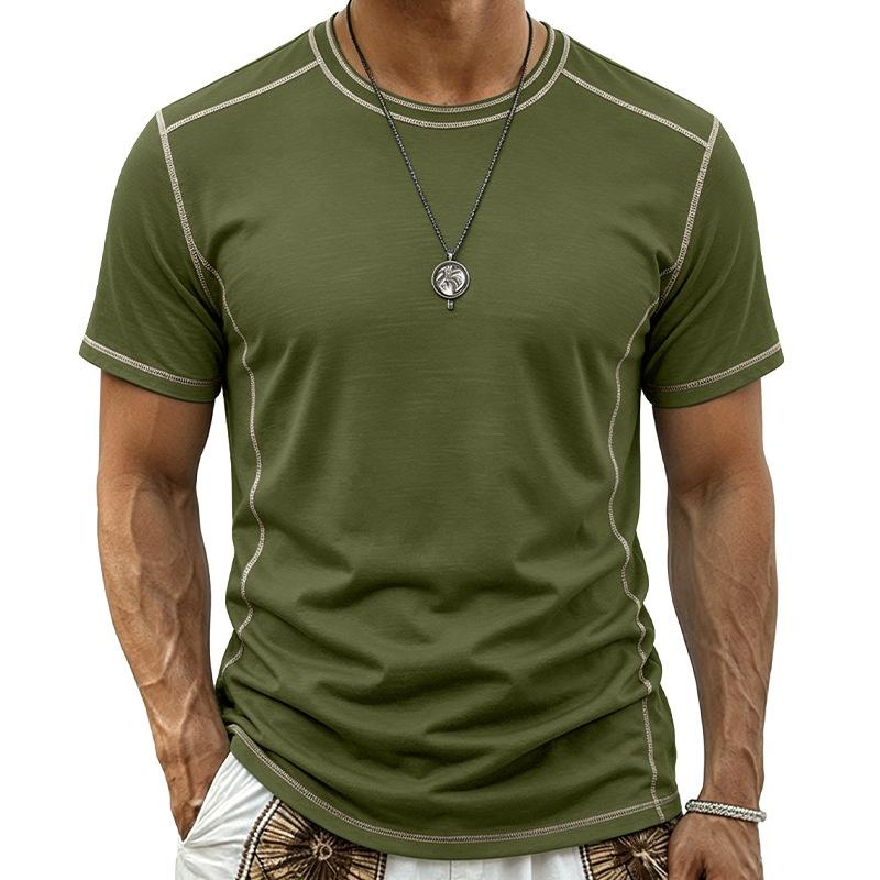 Men’s Short Sleeve Crew Neck T Shirt with Stitching Casual Lightweight Summer Top for Everyday Wear