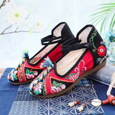 High Heels, Single Shoes, Ethnic Style Contrasting Color Canvas Retro Embroidered Cloth Shoes, Wedge Heels Women's Shoes Spring and Summer