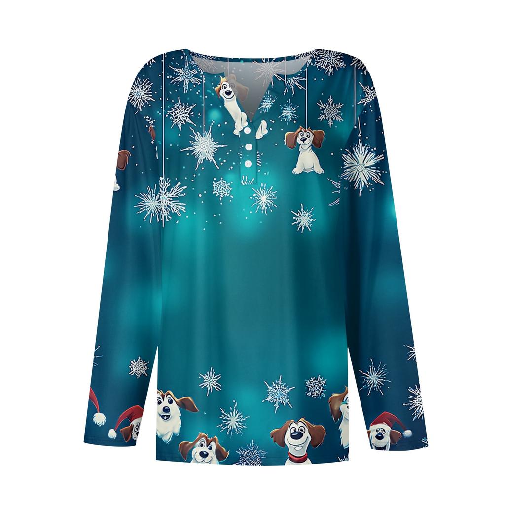 Women's T Shirt Tee Christmas Printed Button Long Sleeve Tunic Daily Weekend Fashion Basic V- Neck Regular Top