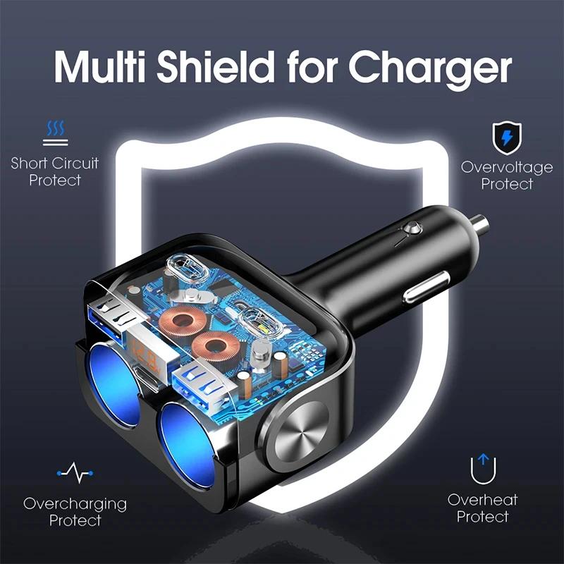 BUWEI Upgrade 90W USB Car Charge Socket Dual QC3.0 Super Fast Charging Multi-function Socket Splitter 180° Direction Adjustable