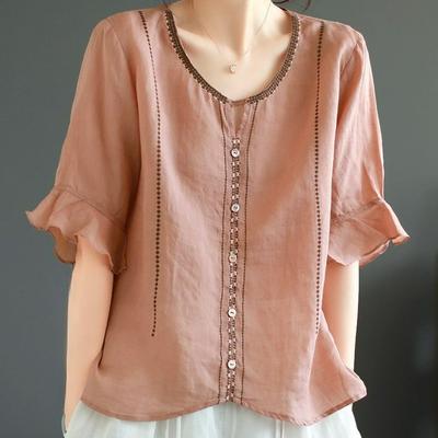 Coton et Lin Littéraire Rétro Manches Cinq Points Coton et Lin Col en V T-shirt Dames Lâche et Mince Blouse Brodée
