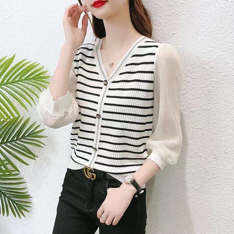 

Полосатый кардиган с рукавом 3/4 для женщин, весна 2023, рубашка с v-образным вырезом, нижняя рубашка со средним рукавом, весенний вязаный свитер из ледяного шелка, женский