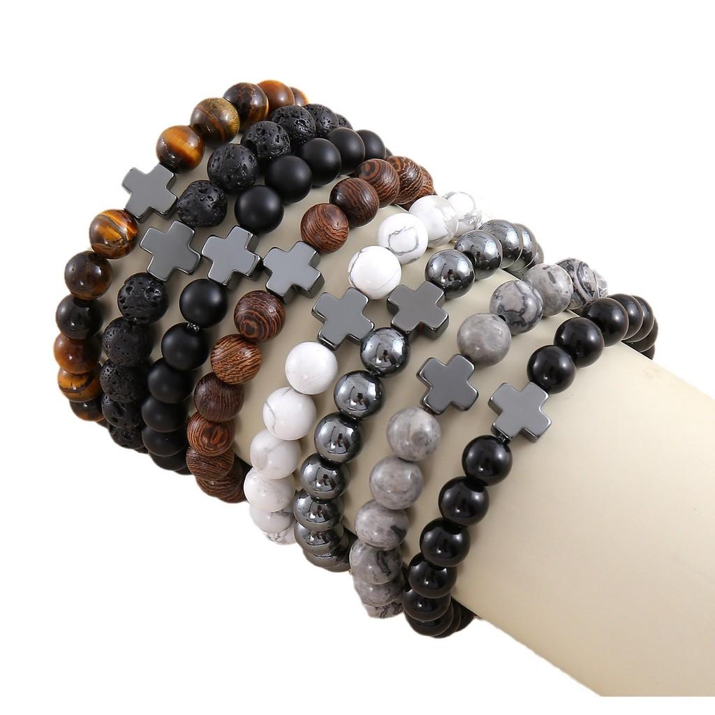 Natural Stone Beaded Bracelet With Cross Geometric Design For Men And Women