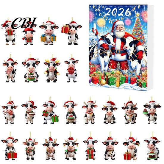 Portable Hanging Decorations for Home Car Christmas Cow Ornament Advent Calendar 2026, 24 Days 2D Acrylic Pendant Cute Shaped Tree Ornaments Countdown