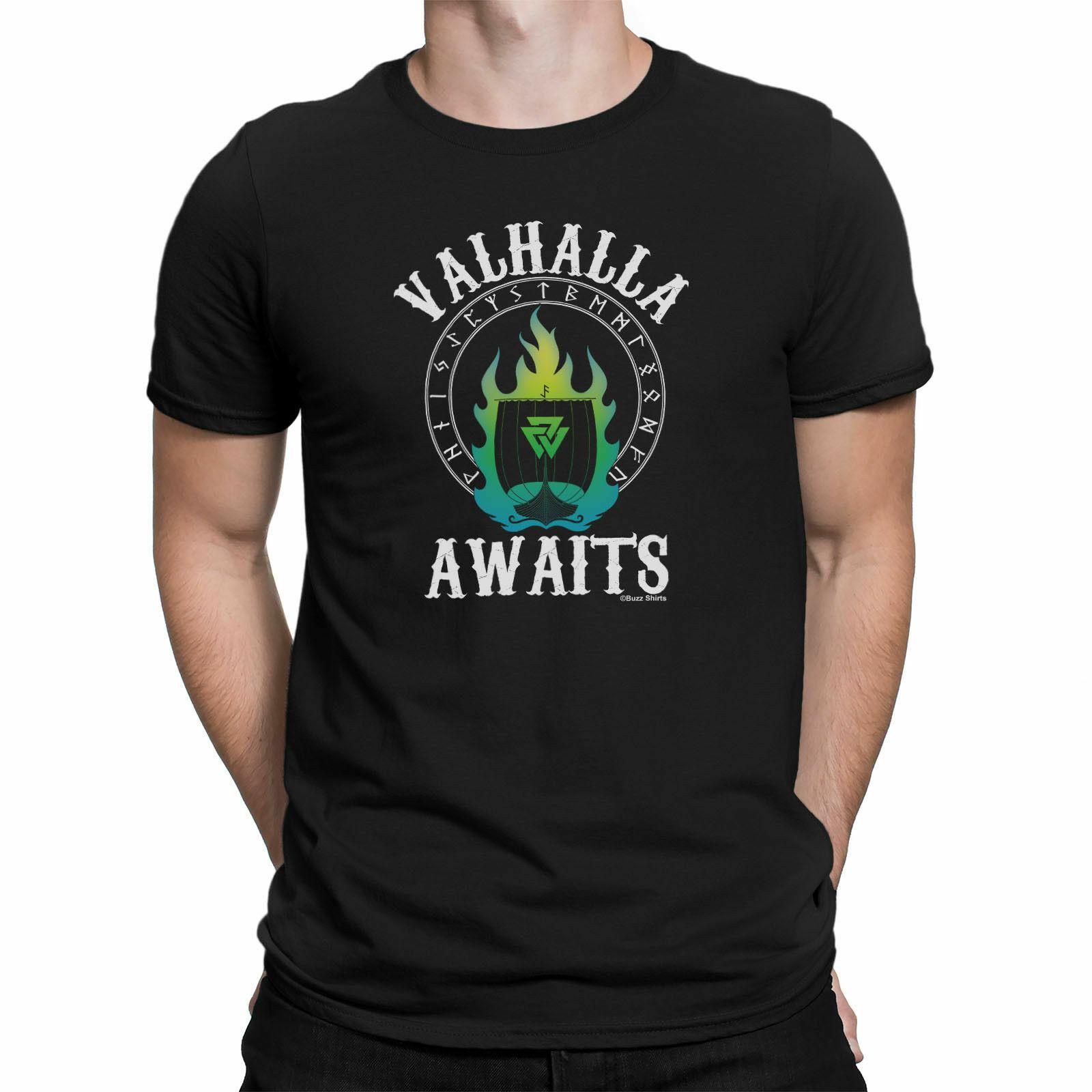 VALHALLA AWAITS Mens  Viking T-Shirt Mens Womens Tees Top Valknut Symbol Odin Thor Norse Top 2XL