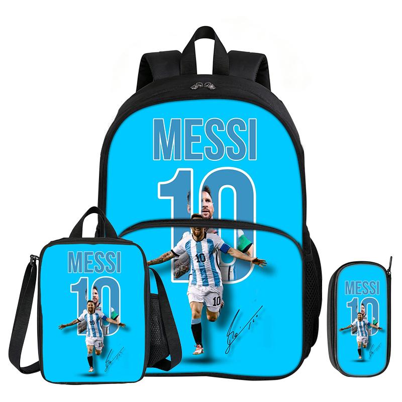 Leer, Reis Voetbalster Schooltas M-Messi 3 Delige set met Voorvak Rugzak Lunchtas, Etui, Sportrugzak
