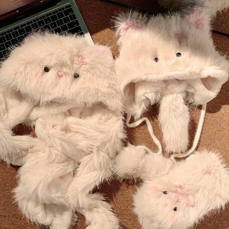 Plush Hat Female Autumn and Winter Cute Hairpin Cat Plush Hat Winter Thickened Warm and Cold Ear Protection